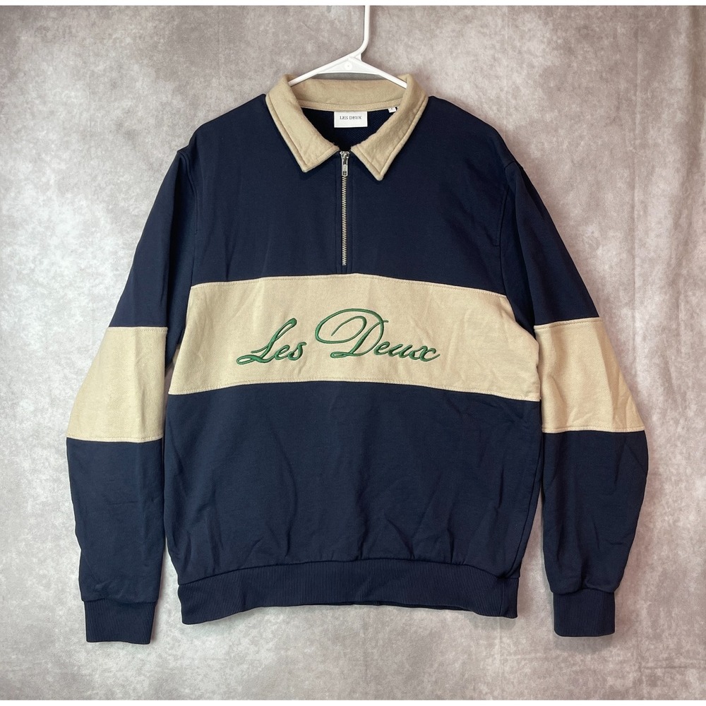 Les Deux Sweatshirt Mens Large Blue 1/4 Zip Striped Pullover Cory Zipper Casual